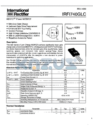 IRFI740GLC datasheet - Power MOSFET(Vdss=400V, Rds(on)=0.55ohm, Id=5.7A)