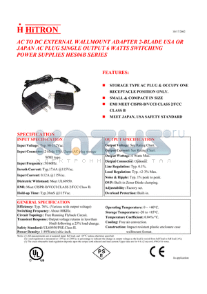 HES06B-S060100 datasheet - AC TO DC EXTERNAL WALLMOUNT ADAPTER 2-BLADE USA OR JAPAN AC PLUG SINGLE OUTPUT 6 WATTS SWITCHING POWER SUPPLIES HES06B SERIES