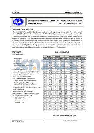 HSD8M32F4V-10 datasheet - Synchronous DRAM Module 32Mbyte ( 8M x 32-Bit ) SMM based on 8Mx8, 4Banks, 4K Ref., 3.3V