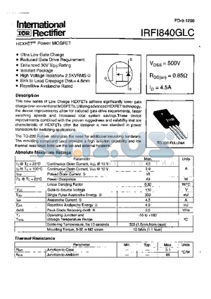 IRFI840GLC datasheet - Power MOSFET(Vdss=500V, Rds(on)=0.85ohm, Id=4.5A)