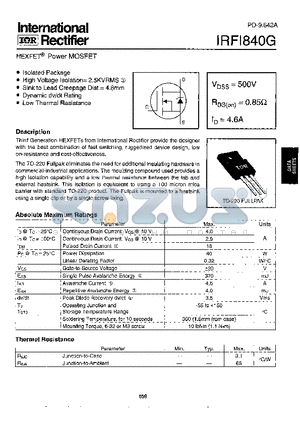 IRFI840G datasheet - Power MOSFET(Vdss=500V, Rds(on)=0.85ohm, Id=4.6A)