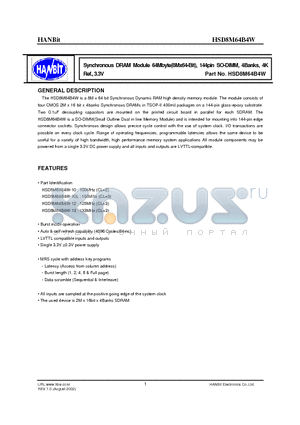 HSD8M64B4W-13 datasheet - Synchronous DRAM Module 64Mbyte(8Mx64-Bit), 144pin SO-DIMM, 4Banks, 4K Ref., 3.3V