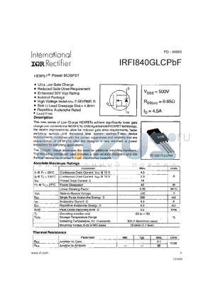 IRFI840GLCPBF datasheet - HEXFET Power MOSFET