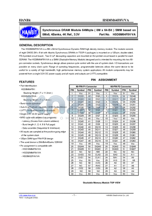 HSD8M64F8V-F12 datasheet - Synchronous DRAM Module 64Mbyte ( 8M x 64-Bit ) SMM based on 8Mx8, 4Banks, 4K Ref., 3.3V