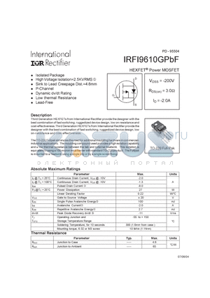 IRFI9610GPBF datasheet - HEXFET POWER MOSFET