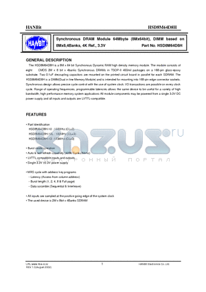 HSD8M64D8H datasheet - Synchronous DRAM Module 64Mbyte (8Mx64bit), DIMM based on 8Mx8,4Banks, 4K Ref., 3.3V