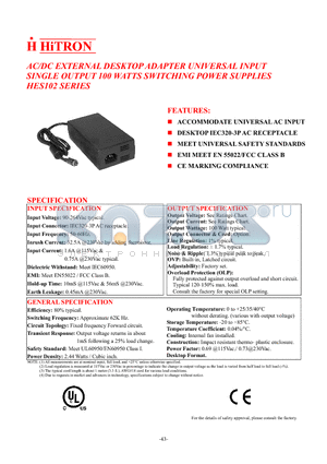 HES102-060140 datasheet - AC/DC EXTERNAL DESKTOP ADAPTER UNIVERSAL INPUT SINGLE OUTPUT 100 WATTS SWITCHING POWER SUPPLIES