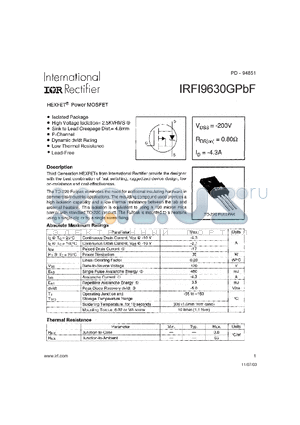 IRFI9630GPBF datasheet - HEXFET^ Power MOSFET