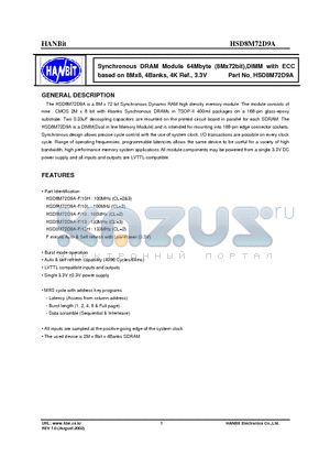 HSD8M72D9A-10L datasheet - Synchronous DRAM Module 64Mbyte (8Mx72bit),DIMM with ECC based on 8Mx8, 4Banks, 4K Ref., 3.3V