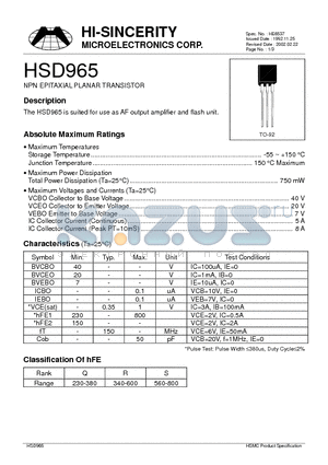 HSD965 datasheet - NPN EPITAXIAL PLANAR TRANSISTOR