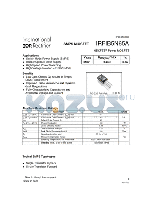 IRFIB5N65 datasheet - Power MOSFET(Vdss=650V, Rds(on)max=0.93ohm, Id=5.1A)