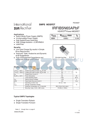 IRFIB5N65APBF datasheet - SMPS MOSFET