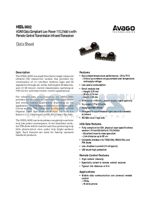 HSDL-3002 datasheet - IrDA^ Data Compliant Low Power 115.2 kbit/s with Remote Control Transmission Infrared Transceiver
