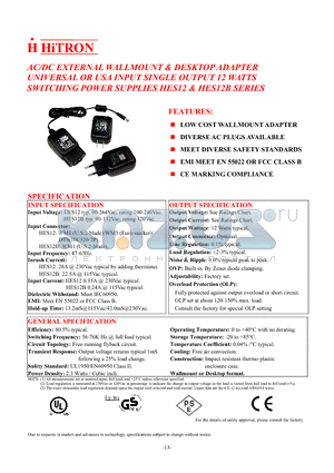 HES12-033240-3 datasheet - AC/DC EXTERNAL WALLMOUNT & DESKTOP ADAPTER UNIVERSAL OR USA INPUT SINGLE OUTPUT 12 WATTS SWITCHING POWER SUPPLIES