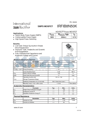 IRFIB8N50K datasheet - SMPS MOSFET