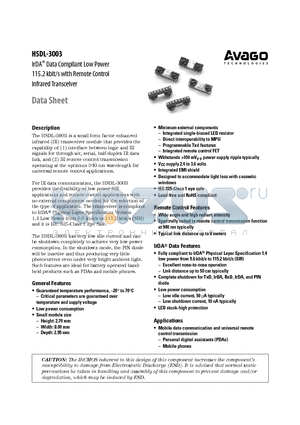 HSDL-3003-001 datasheet - IrDA^ Data Compliant Low Power 115.2 kbit/s with Remote Control Infrared Transceiver