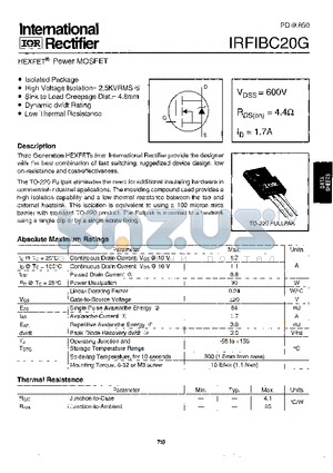 IRFIBC20 datasheet - Power MOSFET(Vdss=600V, Rds(on)=4.4ohm, Id=1.7A)