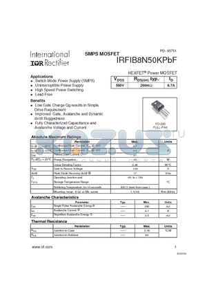 IRFIB8N50KPBF datasheet - HEXFET Power MOSFET