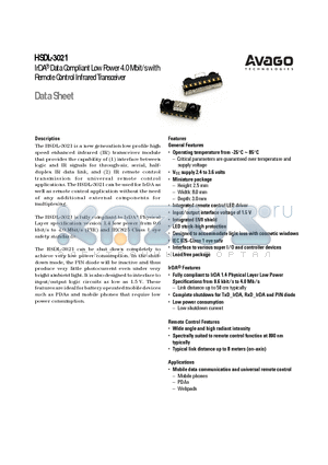 HSDL-3021 datasheet - IrDA^ Data Compliant Low Power 4.0 Mbit/s with Remote Control Infrared Transceiver