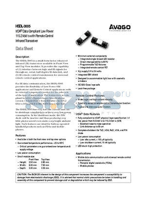 HSDL-3005 datasheet - IrDA^ Data Compliant Low Power 115.2 kbit/s with Remote Control Infrared Transceiver