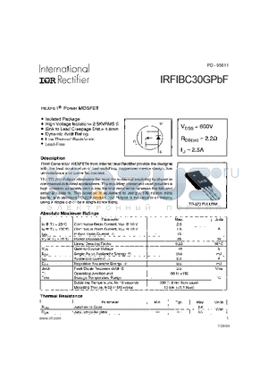 IRFIBC30GPBF datasheet - HEXFET Power MOSFET