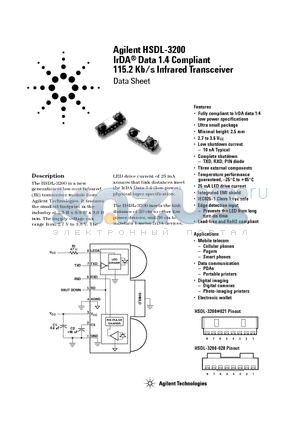 HSDL-3200 datasheet - IrDA Data 1.4 Compliant 115.2 Kb/s Infrared Transceiver