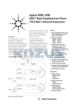 HSDL-3209-021 datasheet - IrDA Data Compliant Low Power 115.2 kbit/s Infrared Transceiver