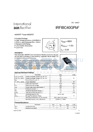 IRFIBC40GPBF datasheet - HEXFET Power MOSFET