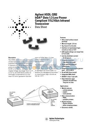 HSDL-3202 datasheet - IrDA^ Data 1.3 Low Power Compliant 115.2 Kb/s Infrared Transceiver