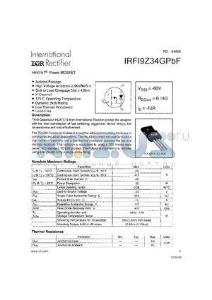 IRFI9Z34GPBF datasheet - HEXFET POWER MOSFET