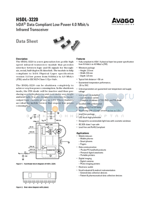 HSDL-3220 datasheet - IrDA^ Data Compliant Low Power 4.0 Mbit/s Infrared Transceiver