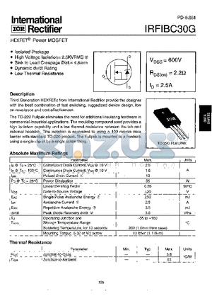 IRFIBC30 datasheet - Power MOSFET(Vdss=600V, Rds(on)=2.2ohm, Id=2.5A)