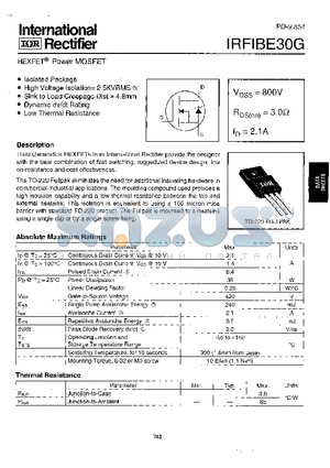 IRFIBE30G datasheet - Power MOSFET(Vdss=800V, Rds(on)=3.0ohm, Id=2.1A)