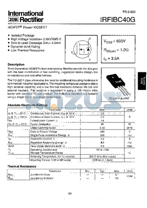 IRFIBC40G datasheet - Power MOSFET(Vdss=600V, Rds(on)=1.2ohm, Id=3.5A)