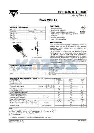 IRFIBC40GPBF datasheet - Power MOSFET