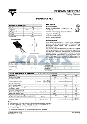 IRFIBE30GPBF datasheet - Power MOSFET