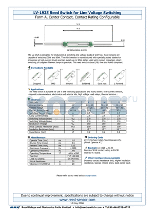 LV-1925-H datasheet - Reed Switch for Line Voltage Switching