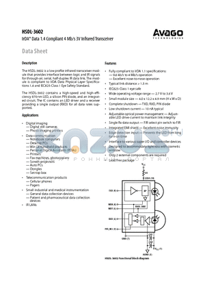 HSDL-3602-007 datasheet - IrDA^ Data 1.4 Compliant 4 Mb/s 3V Infrared Transceiver
