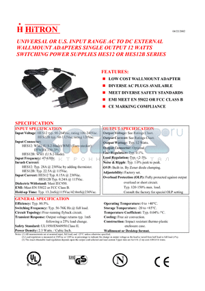 HES12-480025-1 datasheet - UNIVERSAL OR U.S. INPUT RANGE AC TO DC EXTERNAL WALLMOUNT ADAPTERS SINGLE OUTPUT 12 WATTS SWITCHING POWER SUPPLIES HES12 OR HES12B SERIES