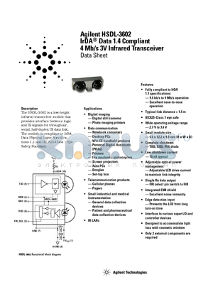 HSDL-3602-037 datasheet - Agilent HSDL-3602 IrDA Data 1.4 Compliant 4 Mb/s 3V Infrared Transceiver