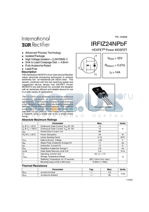 IRFIZ24NPBF datasheet - HEXFET^ Power MOSFET