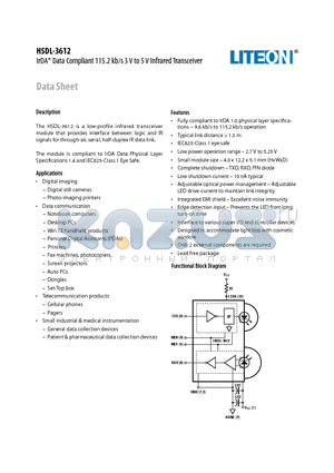 HSDL-3612-007 datasheet - IrDA^ Data Compliant 115.2 kb/s 3 V to 5 V Infrared Transceiver