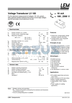 LV100 datasheet - Voltage Transducer LV 100