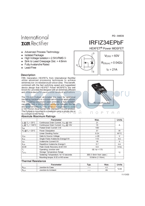 IRFIZ34EPBF datasheet - HEXFET Power MOSFET