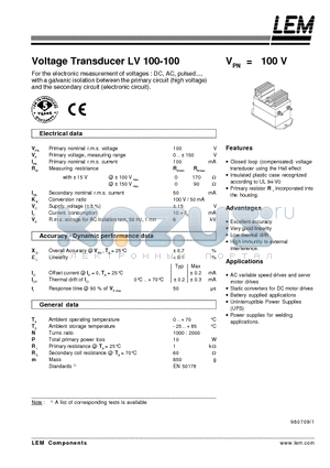 LV100-100 datasheet - Voltage Transducer LV 100-100