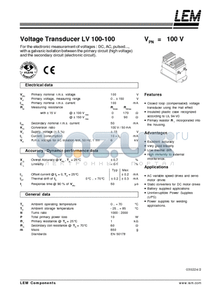 LV100-100 datasheet - Voltage Transducer
