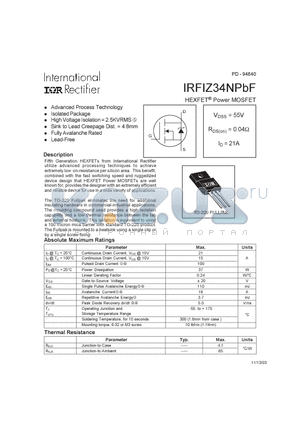 IRFIZ34NPBF datasheet - HEXFET^ Power MOSFET