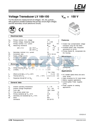 LV100-150 datasheet - Voltage Transducer