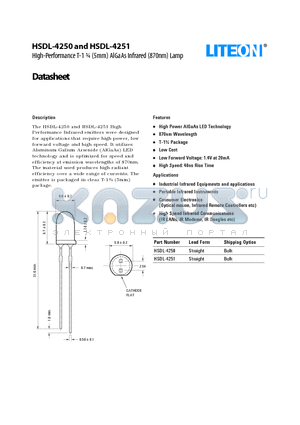 HSDL-4250 datasheet - High-Performance T-1 n (5mm) AlGaAs Infrared (870nm) Lamp