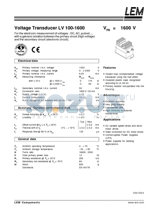 LV100-1600_03 datasheet - Voltage Transducer